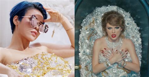 Hình ảnh Vũ Cát Tường bán nude nằm trong bồn tắm đầy đá quý sao chép ý tưởng MV đình đám của Taylor