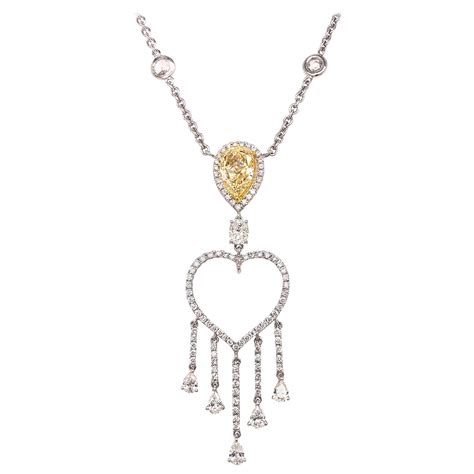 Platinum Diamond Necklace With Fancy Yellow Pear Shape For Sale At