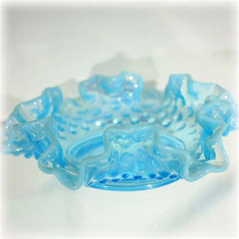 Fenton Bowl Aqua Blue Opalescent Hobnail Bon Bon Dish Ruffled Edge Bowl Crimped Edge By