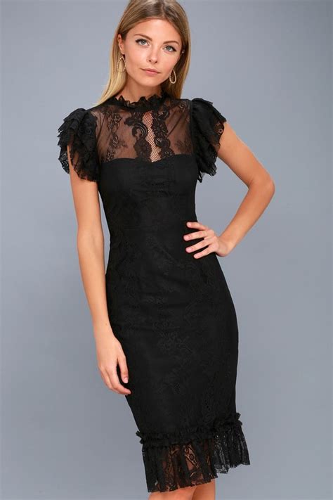 Chic Black Dress Midi Dress Lace Dress Lulus