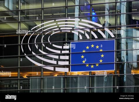 European Parliament logo on the Paul-Henri Spaak building in Brussels ...