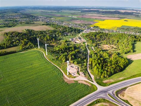 Wind Turbines In Green Field Aerial View Green Energy Stock Image