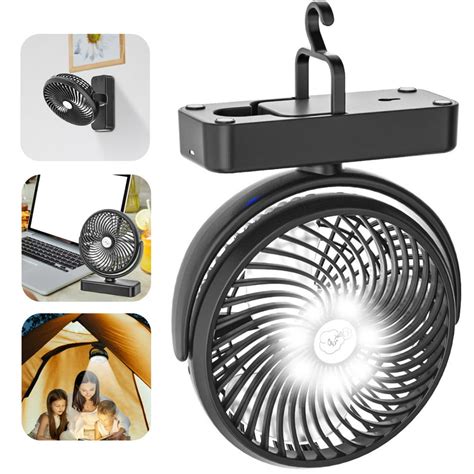 Camp Tent Fan with LED Light, 10000mAh Rechargeable Battery Operated ...