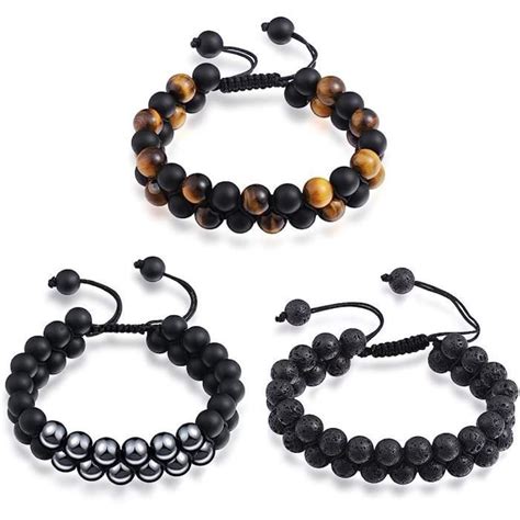 Bracelet Homme Perle Pierre En Lave Tigre Oeil H Matite Et Onyx Noir