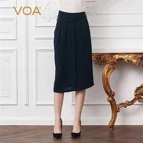 Voa Heavy Silk Plus Size 5xl Office Pencil Skirt Women Brief Solid Navy Blue Midi Skirts Slant