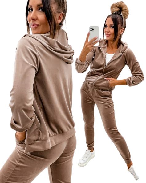 Dres Welurowy Komplet Spodnie I Bluza Z Kapturem Kolor Cappuccino M