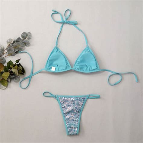 Sexy Mini Bikini Shiny Women Brazilian G String Set Thong Swimwear