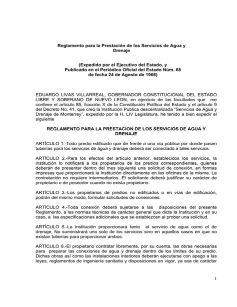 1 Reglamento Para La Prestación De Los Servicios De Agua Y Drenaje