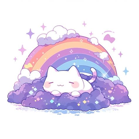 Gato De Dibujos Animados Durmiendo En Una Nube Con Arco Iris En El