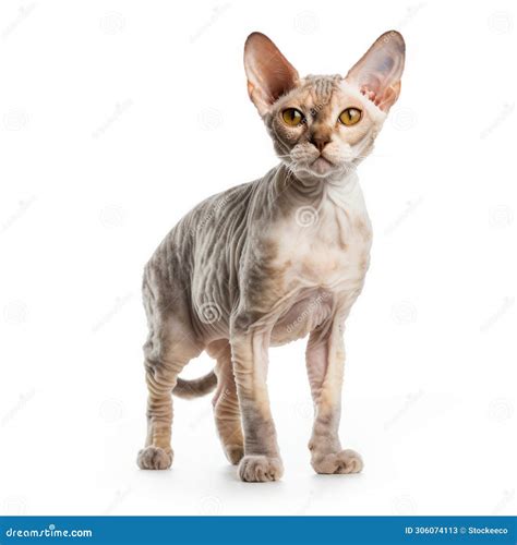 Colorized Emu Sphynx Cat Standing On White Background Stock Photo