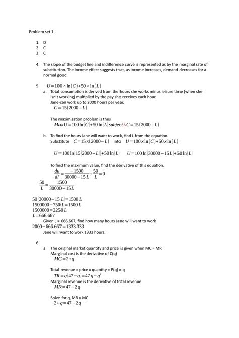 ECON2103 Problem Set 1 Answers Problem Set 1 D C C The Slope Of The