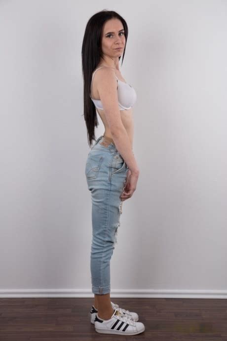 Long Haired Female Barbora Models In Ripped Jeans Before Standing Bare Naked CoedCherry