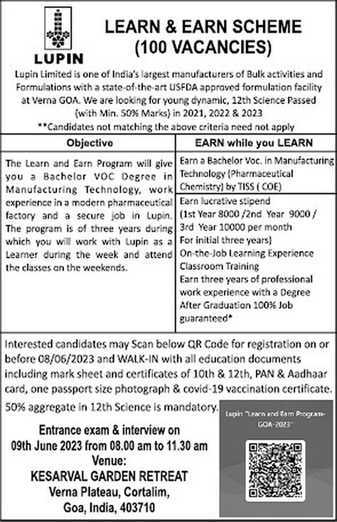 Pharma Company Lupin Announces Vacancies Under Learn And Earn