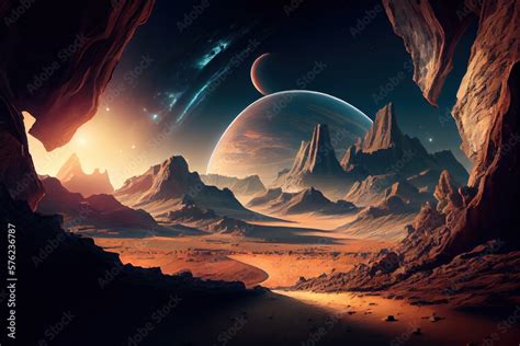 Space landscape. Desert landscape on the surface of another planet with ...