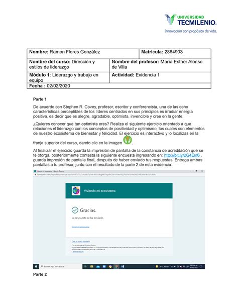 Evidencia 1 Direccion Y Estilos De Liderazgo Tecmilenio Nombre Ramon