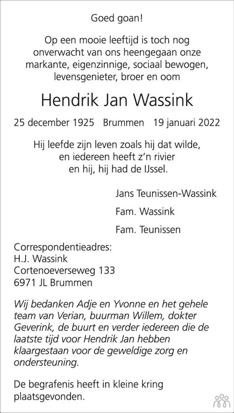 Hendrik Jan Wassink Overlijdensbericht En Condoleances