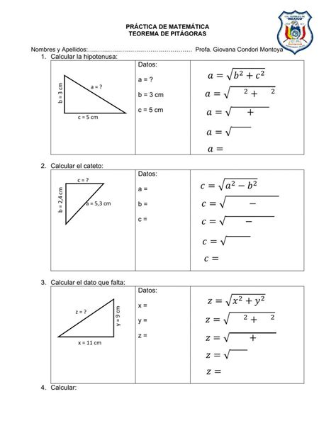 Ejercicio de TEOREMAS DE PITÁGORAS Math design Math Workbook