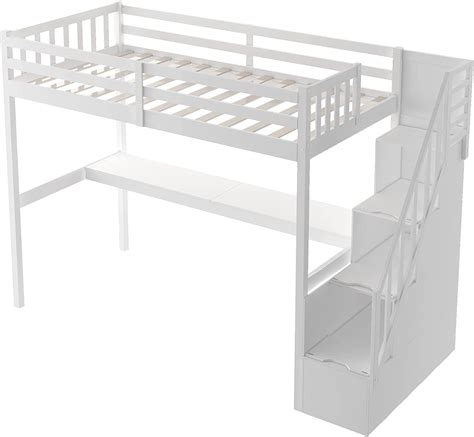 SOFTSEA Cama Doble Alta Con Escalera Y Escritorio Cama Loft De Madera