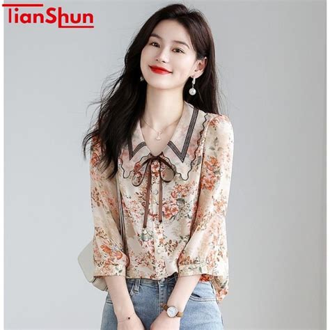 Jual Tianshun Floral Chiffon Shirt Korean Fashion Sleeves Ruffled