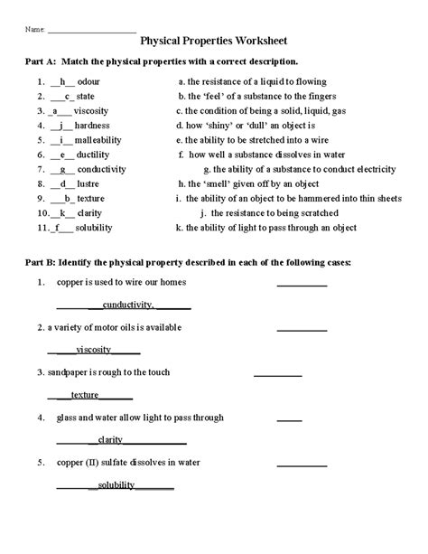 Physical Properties Worksheet Name Physical Properties Worksheet Part