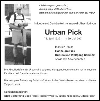 Traueranzeigen Von Urban Pick Aachen Gedenkt