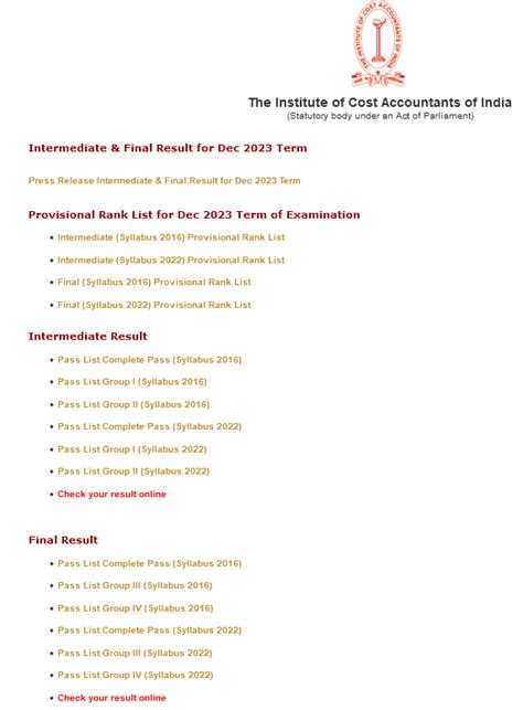 Icmai Cma December Inter Final Result Out Icmai In Direct Link