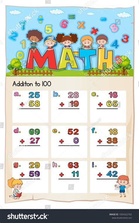 Math Worksheet Design Addition 100 Illustration Stock Vector (Royalty ...