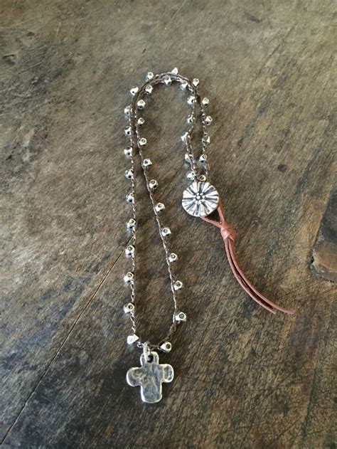 Hammered Cross Necklace Boho Faith Jewelry Crochet Necklace Rustic