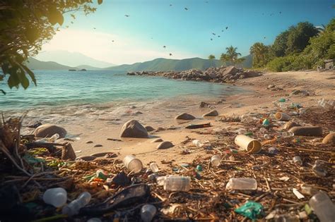 Paisaje de playa tropical lleno de basura contaminación de los océanos