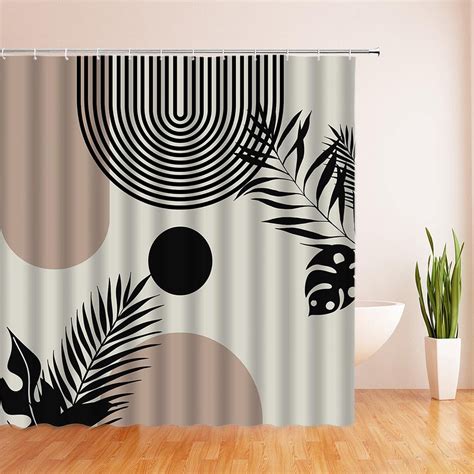 Black Boho Mid Century Shower Curtain Modern Minimalist Geometric