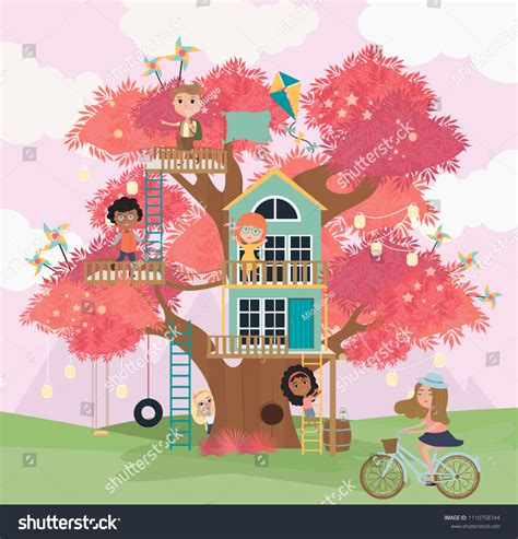 Tree House Cartoon Illustration Kids Editable Stock Vector Royalty