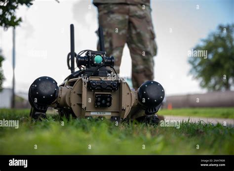 Corkscrew 325th Security Forces Squadron Quad Legged Unmanned Ground Vehicle Rests In The