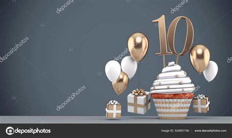 Number 10 Gold Birthday Cupcake With Balloons And Ts 3d Render