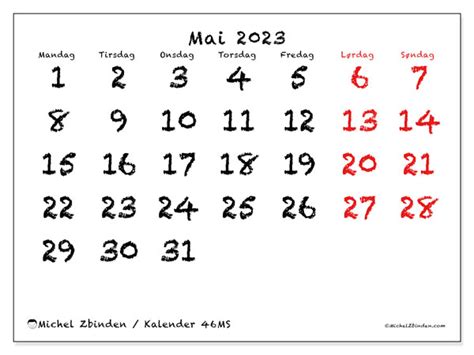 Kalender For Mai 2023 For Utskrift 46MS Michel Zbinden NO