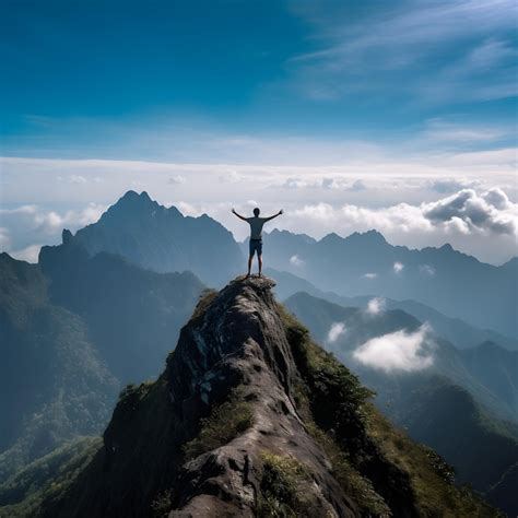 Um Homem De P No Topo De Uma Montanha Os Bra Os Erguidos No Ar