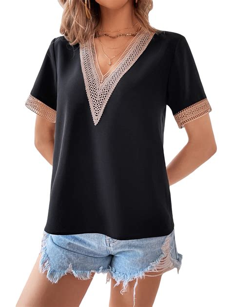 Wdirara Women S V Neck Short Sleeve Lace Trim Top Medium Black