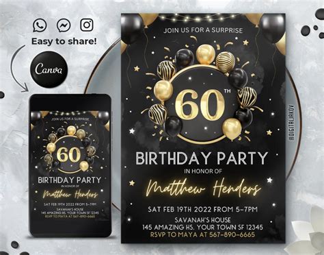 Editable 60th Birthday Invitation Template Printable Birthday Etsy