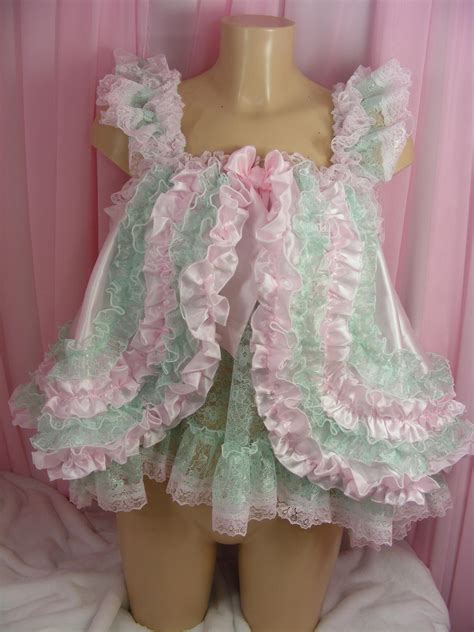 Sissy Adult Baby Pink Satin And Lace Ruffled Baby Doll Nightie Negligee Dress Top Lingerie