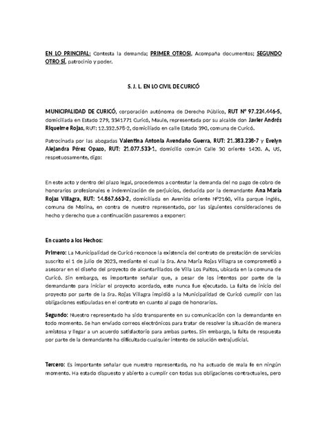 Contestación demanda municipalidad EN LO PRINCIPAL Contesta la