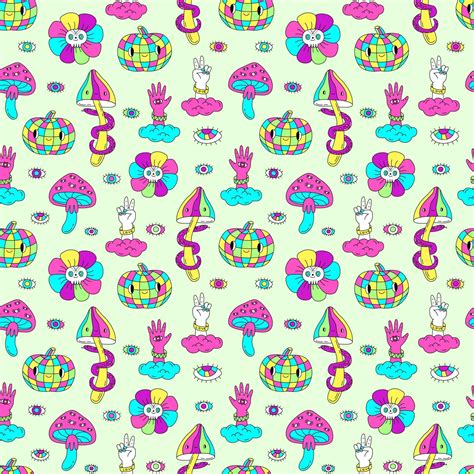 Colorful Hand Mushrooms And Pumpkin Disco Ball Seamless Pattern Groovy