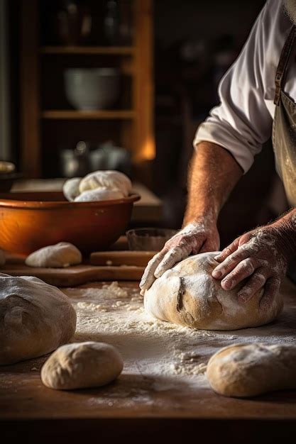 Premium Photo Male Hands Kneading Dough On Sprinkled With Flour Table