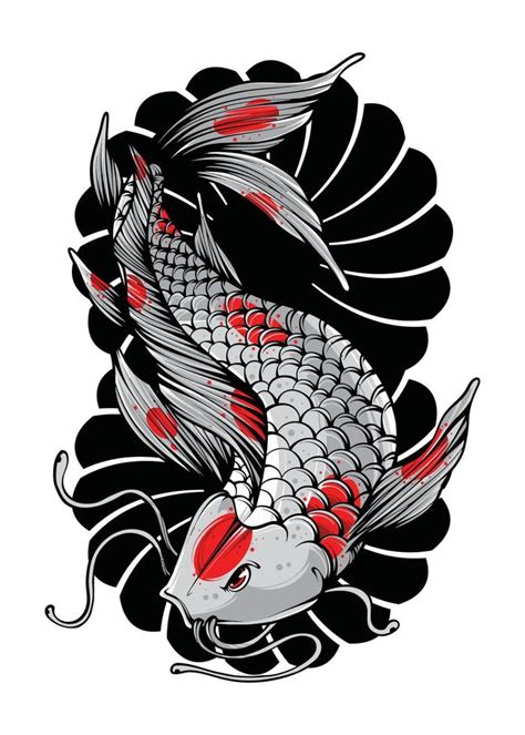 Koi Fish With Japanese Wave And Flowers Tattoo Japanese Illustration