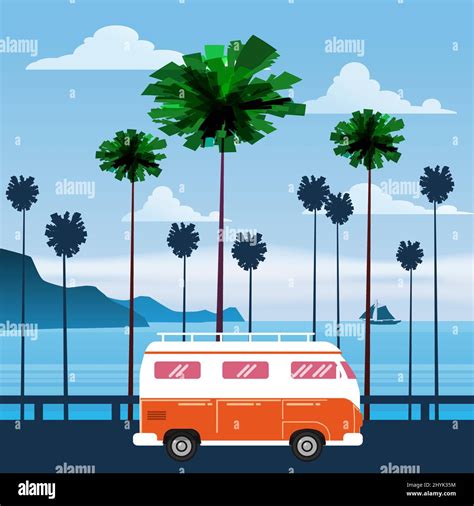 Travel Trip Vector Illustration Sunset Ocean Sea Seascape Surfing