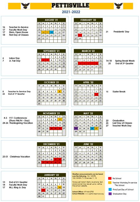 2021-2022 Academic Calendar | Pettisville Schools