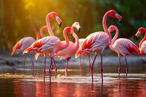 Premium Photo A Group Of Flamingos Are Standing In The Water