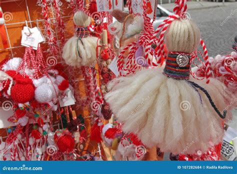 Red And White Martenitsi On Outdoor Market For Martenici On The Street ...