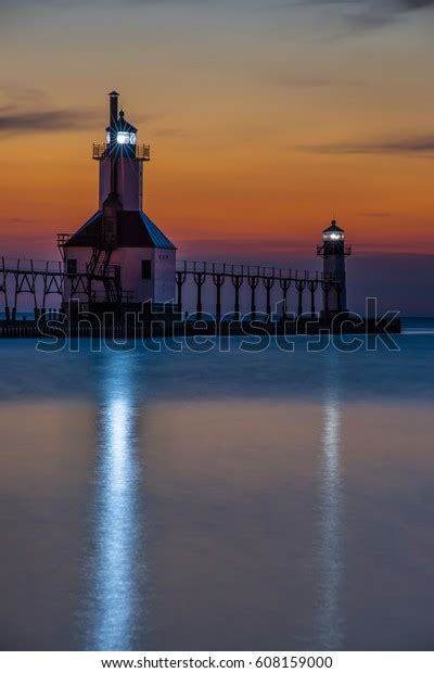 St Joseph Pier Lighthouse Michigan Sunset Stock Photo 608159000