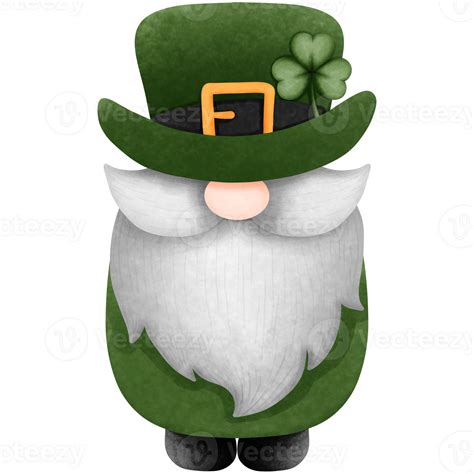 Watercolor Cute St Patricks Day Gnome With Hat And Clovers Clipart