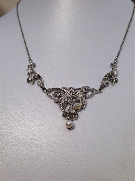 Art Deco Necklace Vintage Antique Marcasite And Pearl Costume Etsy