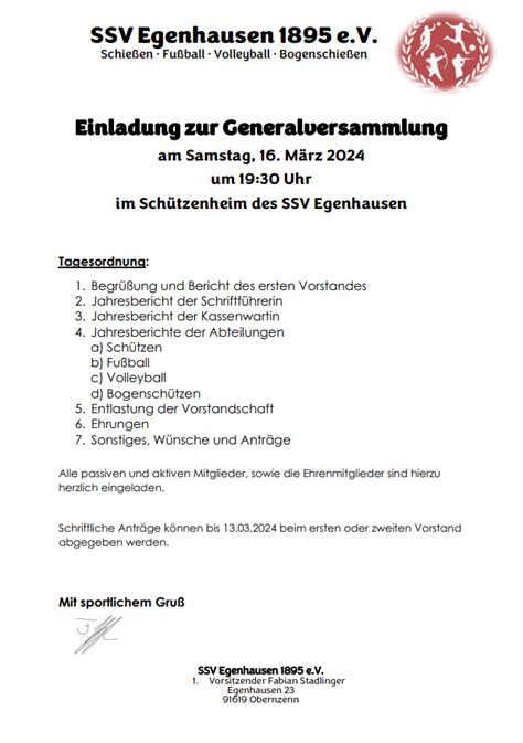 Einladung Zur Jahreshauptversammlung Ssv Egenhausen